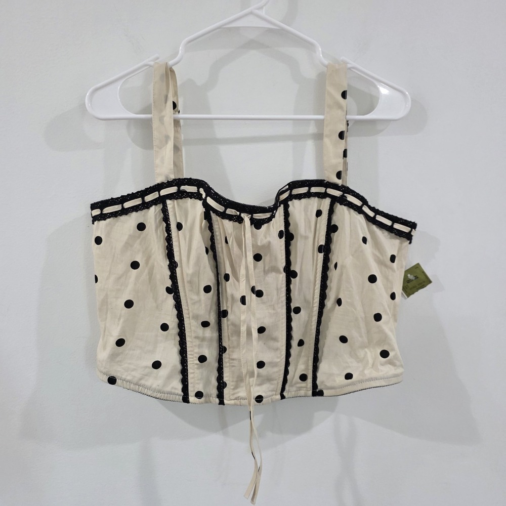 Womens Boned Corset Top Size XL Polka Dot Cottage Fairy Coquette Smocked Pin Up